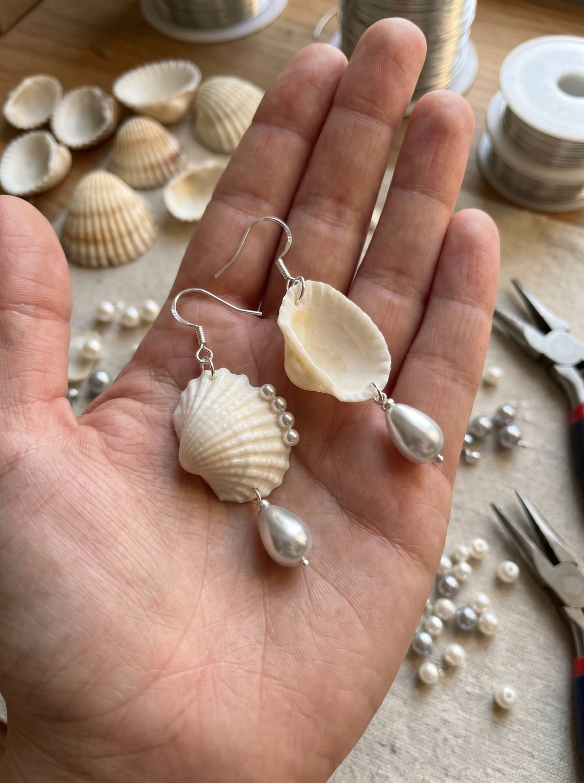 Scallop Seashell Pearl Dangle Earrings - Handmade Ocean Beach Jewelry