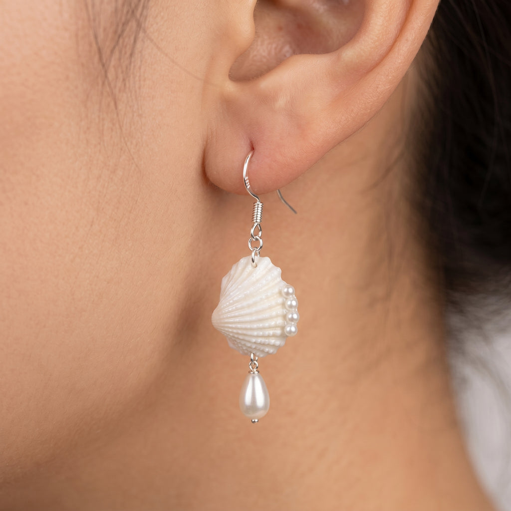 Scallop Seashell Pearl Dangle Earrings - Handmade Ocean Beach Jewelry