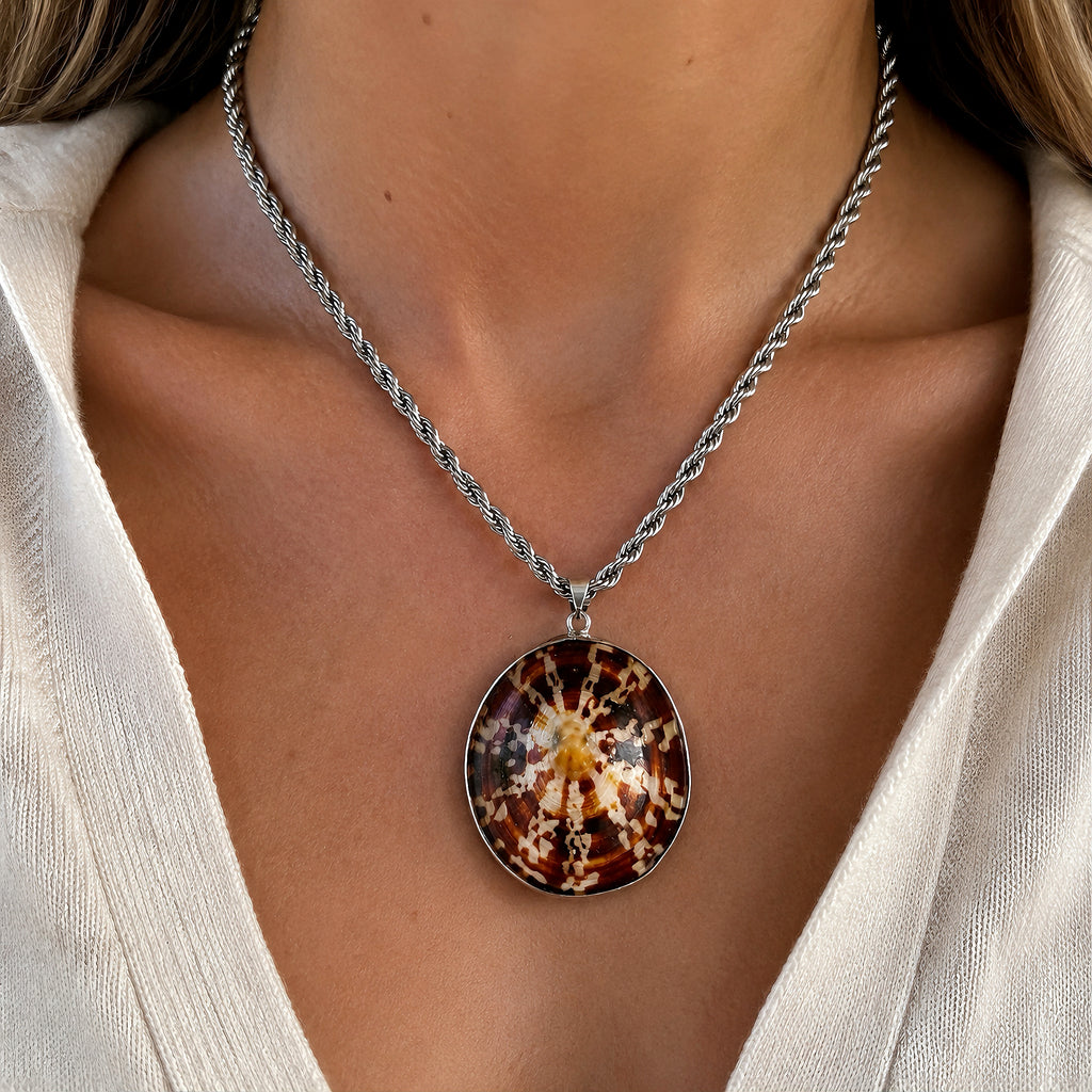 Twisted Rope Chain & Turtle Shell Pattern Pendant Necklace - Handmade Unique Coastal Necklace