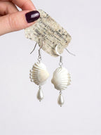 Scallop Seashell Pearl Dangle Earrings - Handmade Ocean Beach Jewelry
