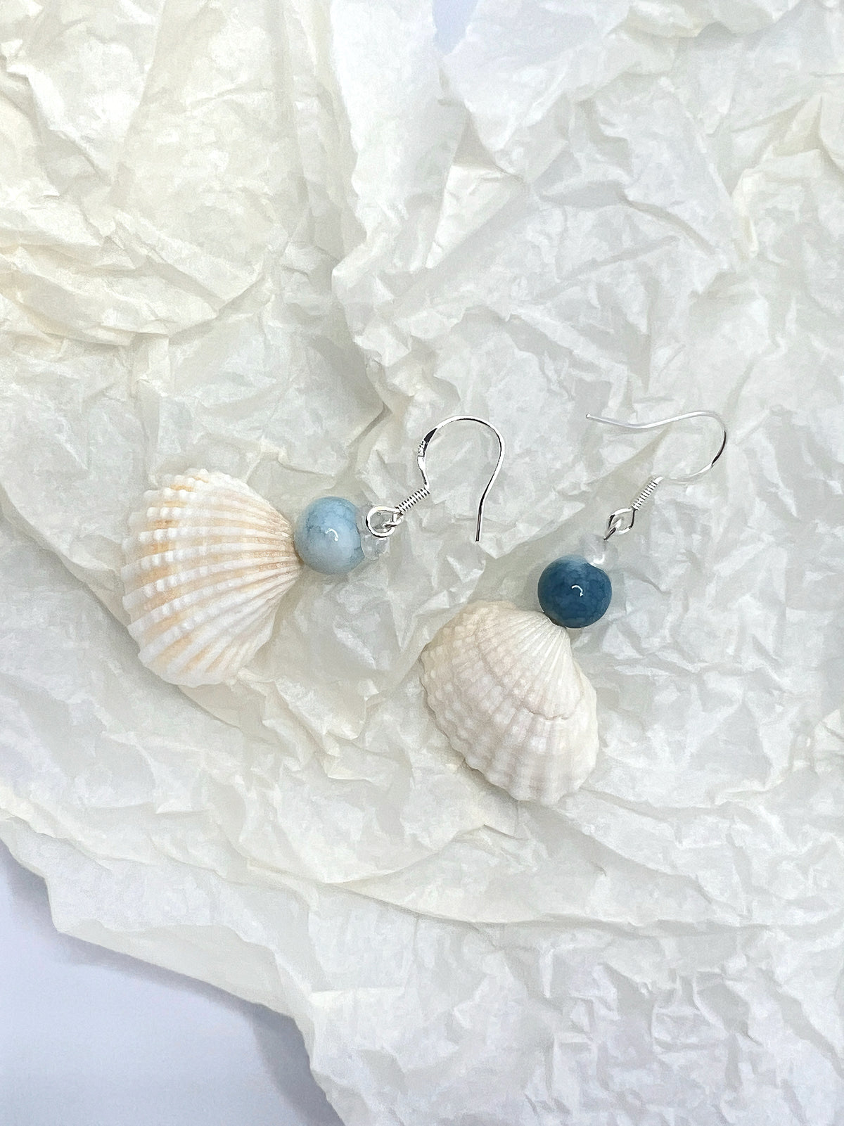 Scallop Seashell & Blue Agate Dangle Earrings - Handmade Ocean Beach Jewelry