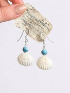 Scallop Seashell & Blue Agate Dangle Earrings - Handmade Ocean Beach Jewelry