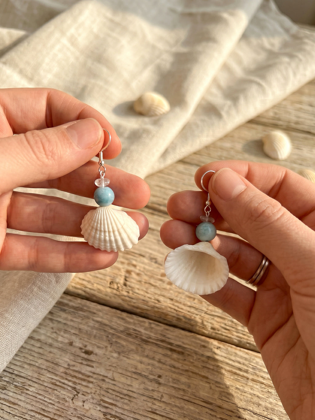 Scallop Seashell & Blue Agate Dangle Earrings - Handmade Ocean Beach Jewelry