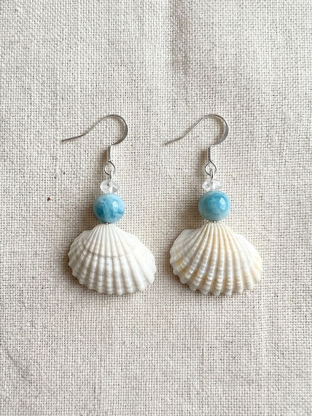 Scallop Seashell & Blue Agate Dangle Earrings - Handmade Ocean Beach Jewelry