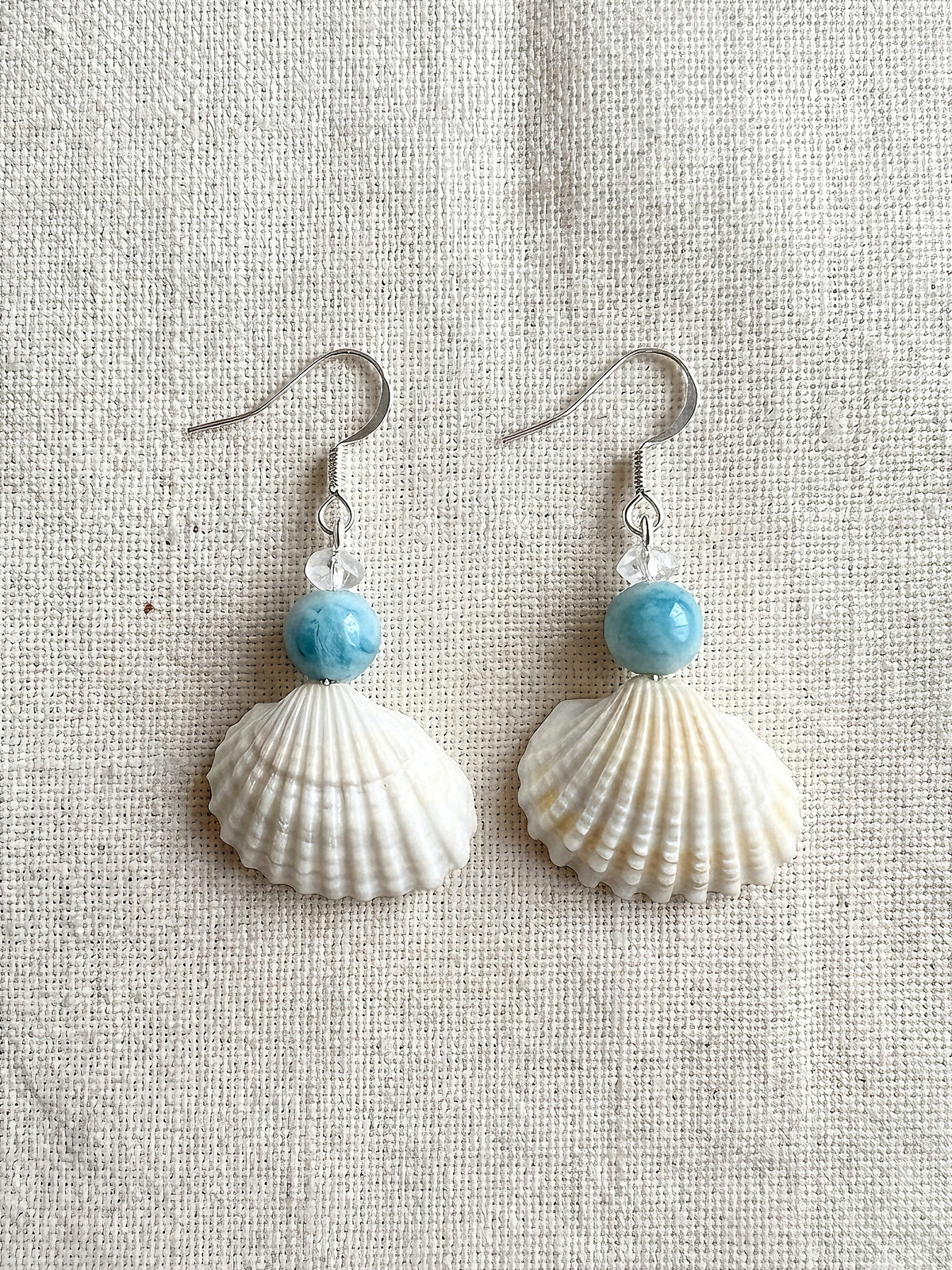 Scallop Seashell & Blue Agate Dangle Earrings - Handmade Ocean Beach Jewelry