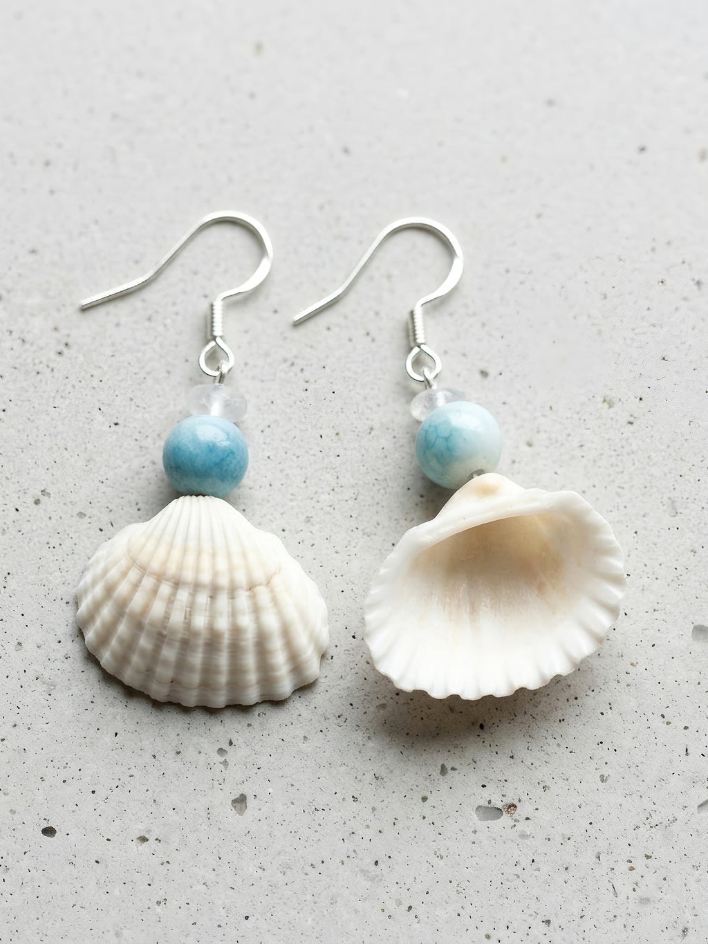 Scallop Seashell & Blue Agate Dangle Earrings - Handmade Ocean Beach Jewelry