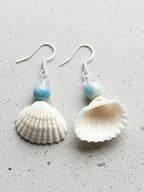 Scallop Seashell & Blue Agate Dangle Earrings - Handmade Ocean Beach Jewelry