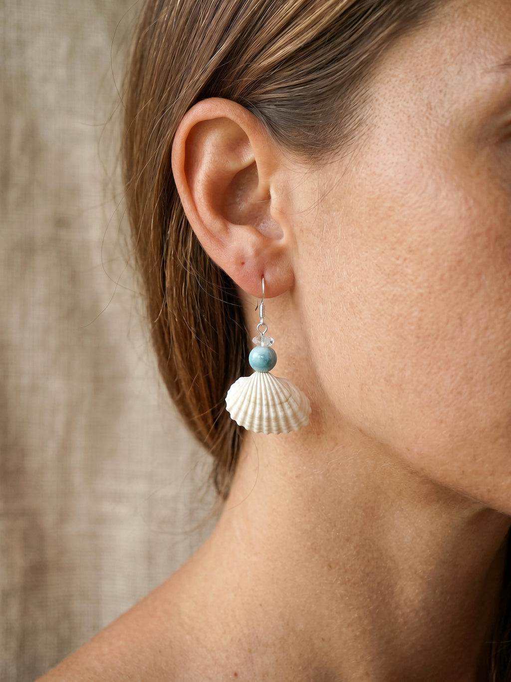 Scallop Seashell & Blue Agate Dangle Earrings - Handmade Ocean Beach Jewelry