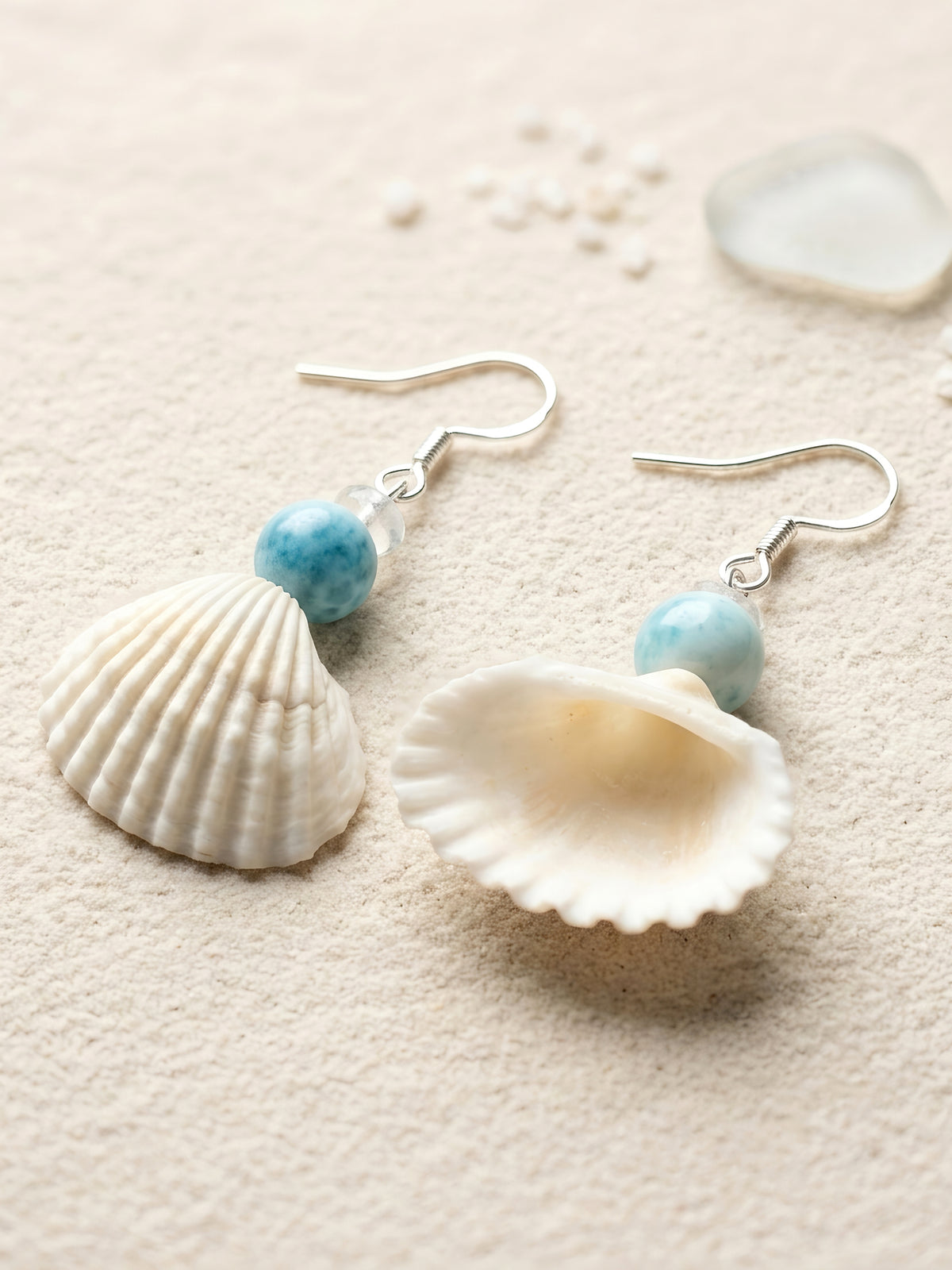 Scallop Seashell & Blue Agate Dangle Earrings - Handmade Ocean Beach Jewelry