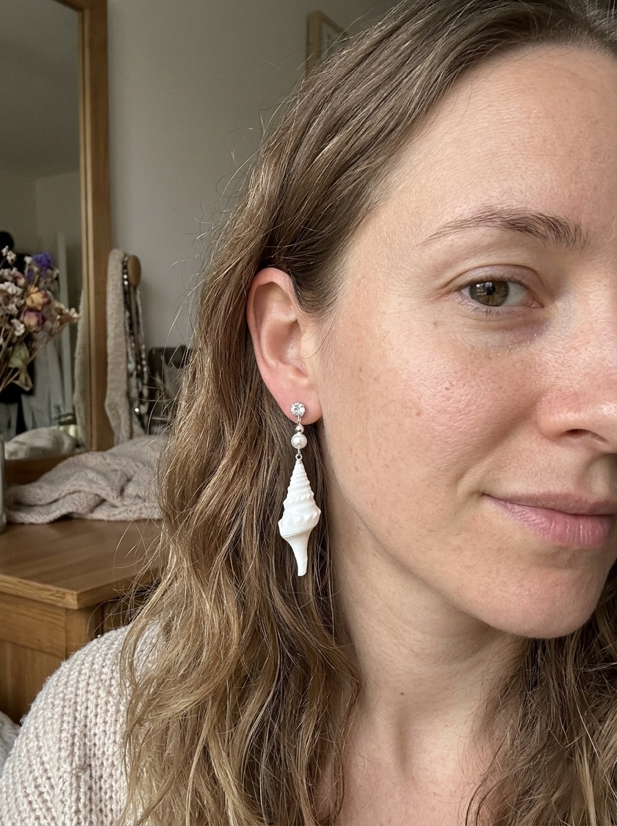 Spiral Conch Shell Pearl & Crystal Dangle Earrings - Handmade Coastal Statement Earrings