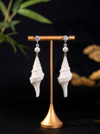 Spiral Conch Shell Pearl & Crystal Dangle Earrings - Handmade Coastal Statement Earrings