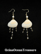 Scallop Seashell Pearl & Crystal Tassel Dangle Earrings - Handmade Seaside Boho Earrings