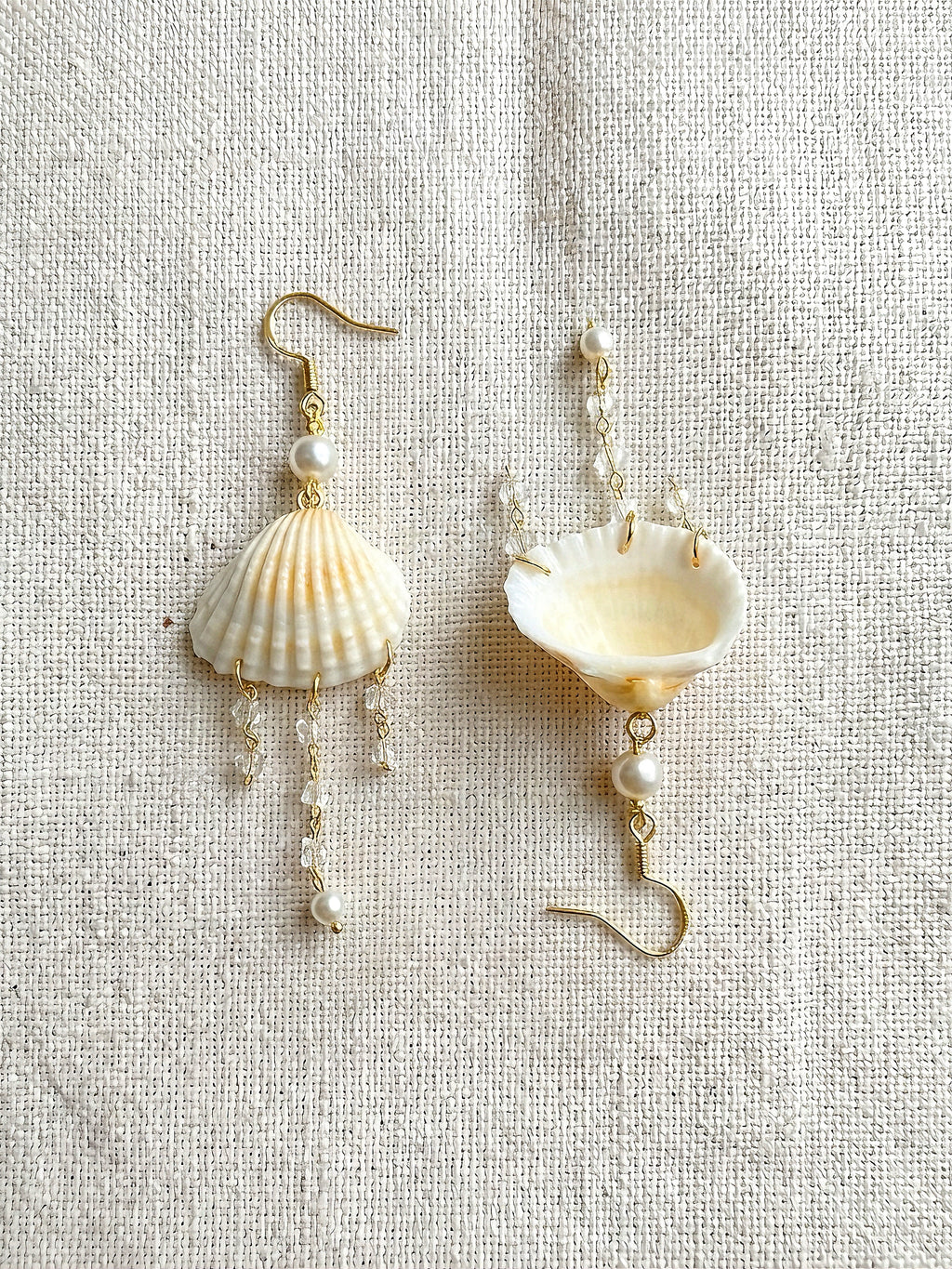 Scallop Seashell Pearl & Crystal Tassel Dangle Earrings - Handmade Seaside Boho Earrings