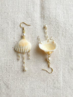 Scallop Seashell Pearl & Crystal Tassel Dangle Earrings - Handmade Seaside Boho Earrings