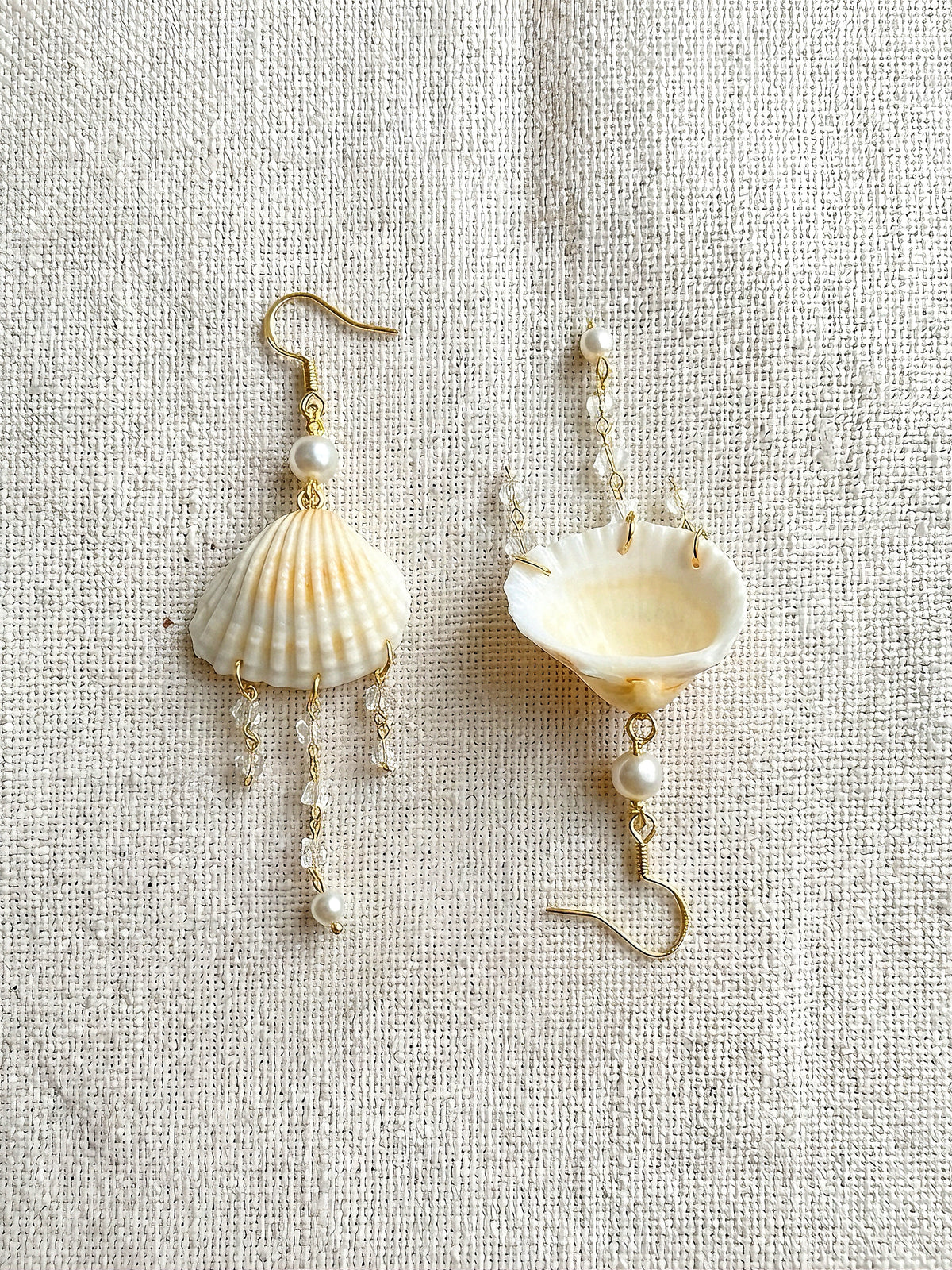 Scallop Seashell Pearl & Crystal Tassel Dangle Earrings - Handmade Seaside Boho Earrings