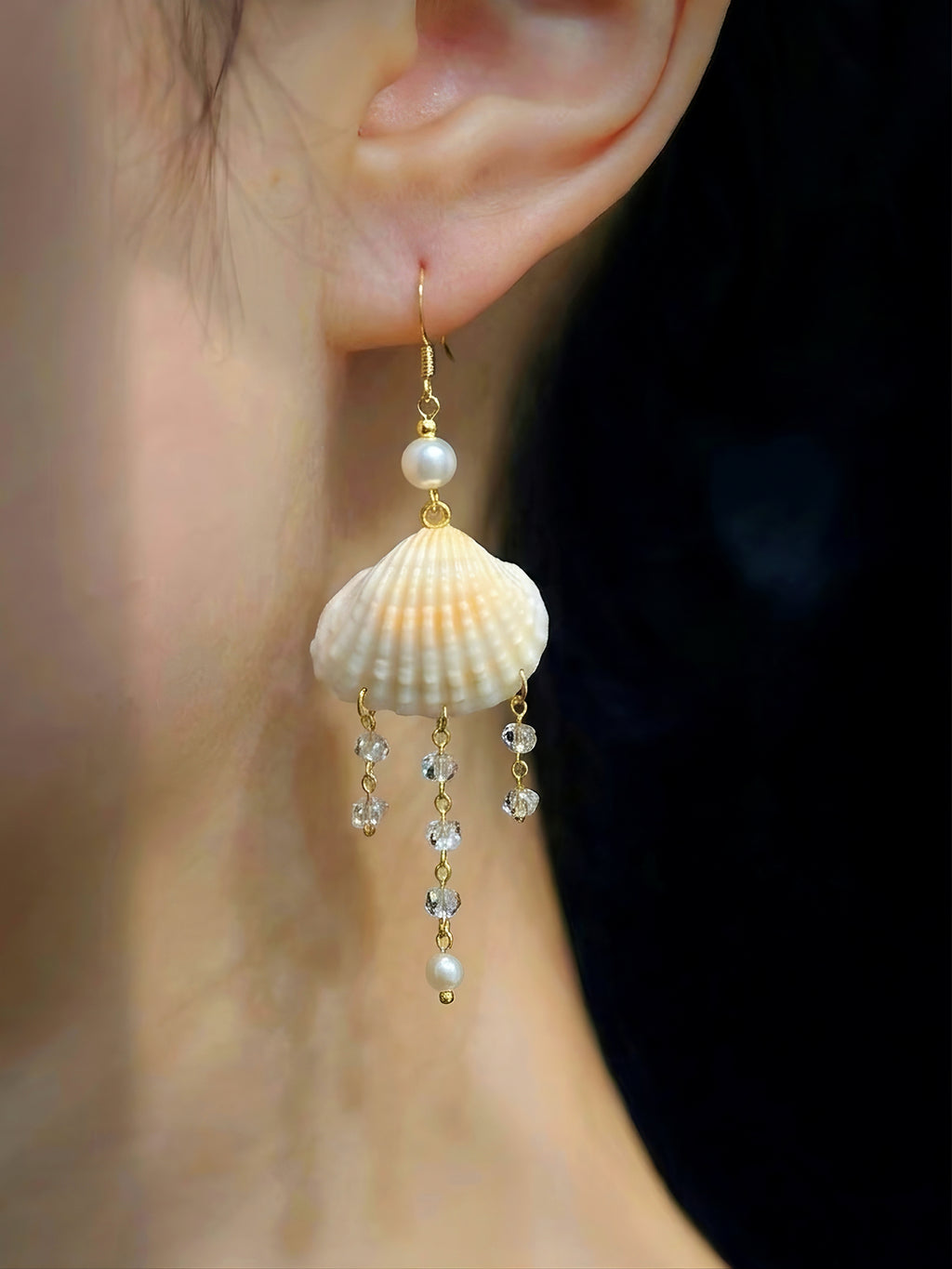 Scallop Seashell Pearl & Crystal Tassel Dangle Earrings - Handmade Seaside Boho Earrings