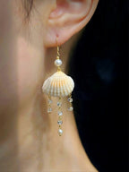 Scallop Seashell Pearl & Crystal Tassel Dangle Earrings - Handmade Seaside Boho Earrings