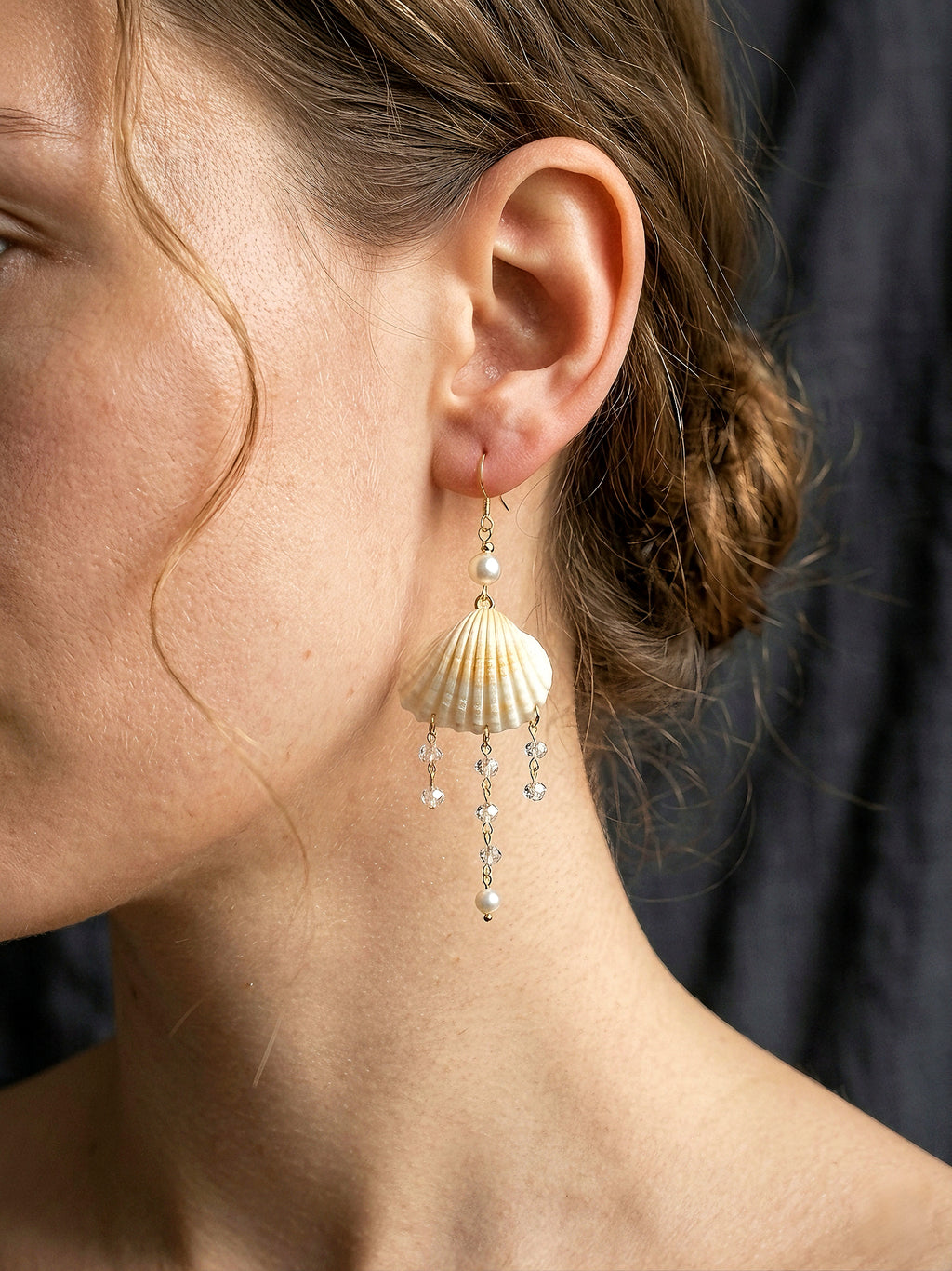 Scallop Seashell Pearl & Crystal Tassel Dangle Earrings - Handmade Seaside Boho Earrings