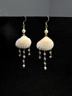 Scallop Seashell Pearl & Crystal Tassel Dangle Earrings - Handmade Seaside Boho Earrings