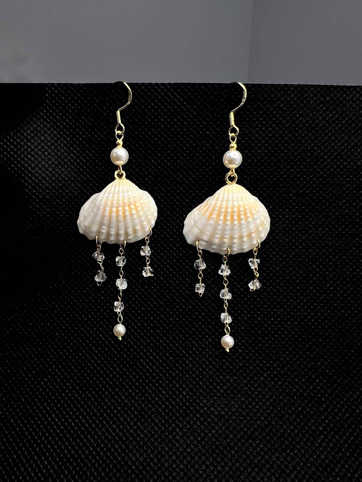 Scallop Seashell Pearl & Crystal Tassel Dangle Earrings - Handmade Seaside Boho Earrings