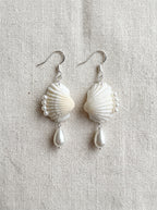 Scallop Seashell Pearl Dangle Earrings - Handmade Ocean Beach Jewelry