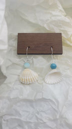 Scallop Seashell & Blue Agate Dangle Earrings - Handmade Ocean Beach Jewelry