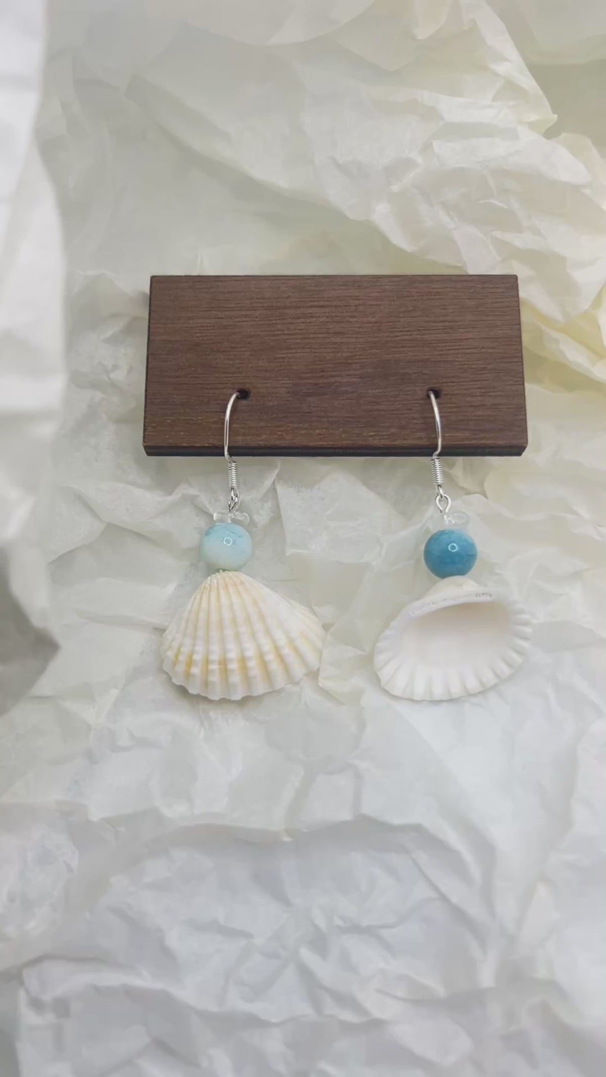 Scallop Seashell & Blue Agate Dangle Earrings - Handmade Ocean Beach Jewelry