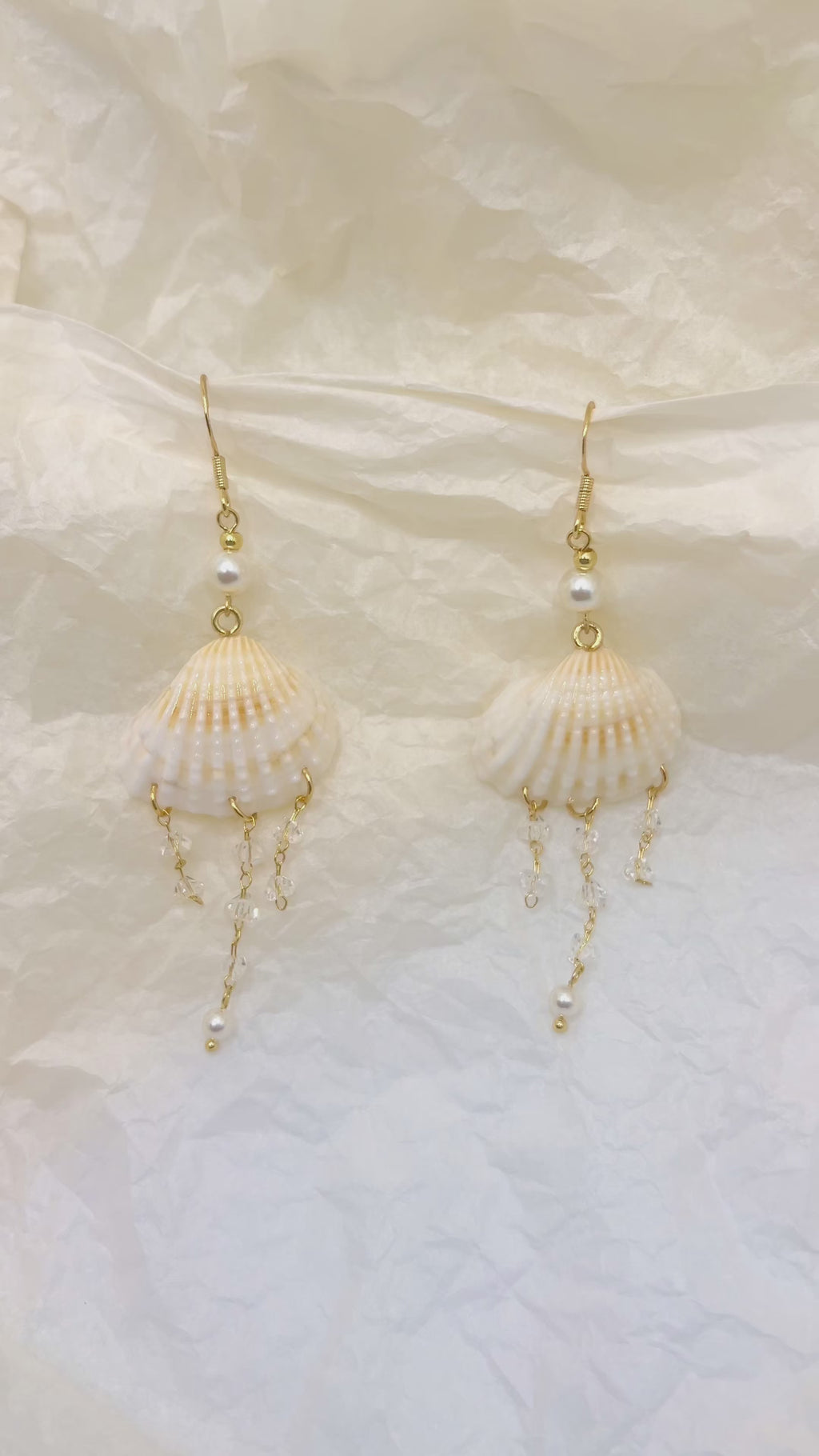 Scallop Seashell Pearl & Crystal Tassel Dangle Earrings - Handmade Seaside Boho Earrings