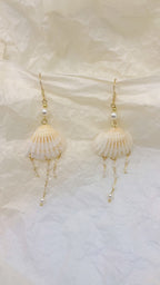 Scallop Seashell Pearl & Crystal Tassel Dangle Earrings - Handmade Seaside Boho Earrings